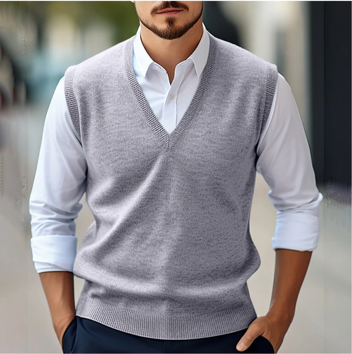 Pull sans manches col V pour homme, gris, porté sur une chemise blanche