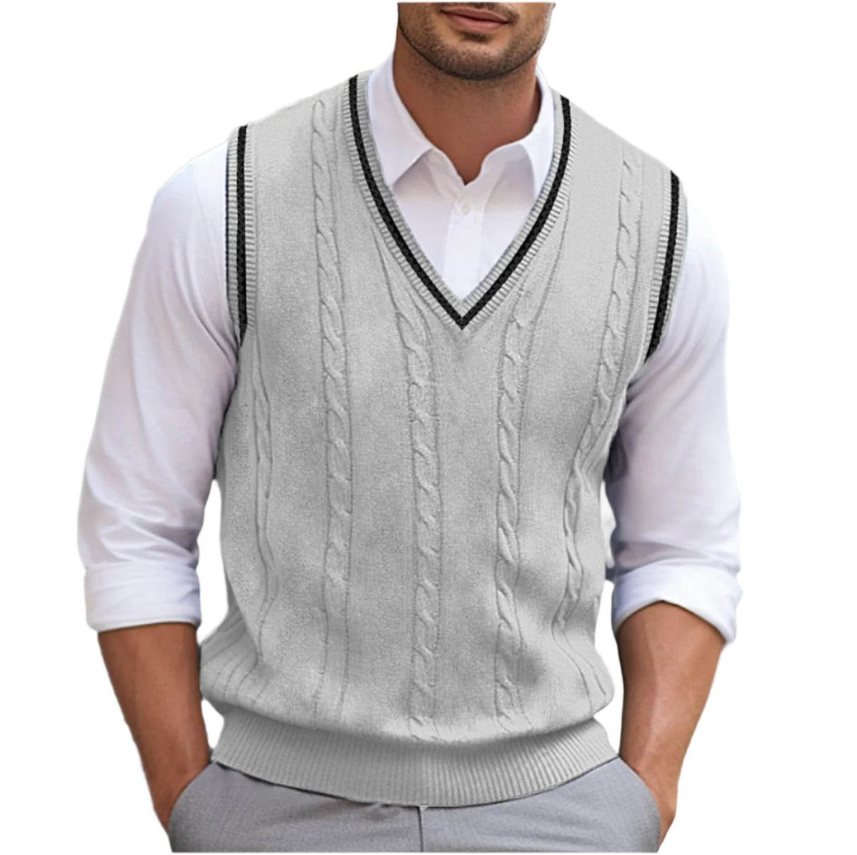 Pull sans manches gris clair en maille torsadée, col en V à liseré