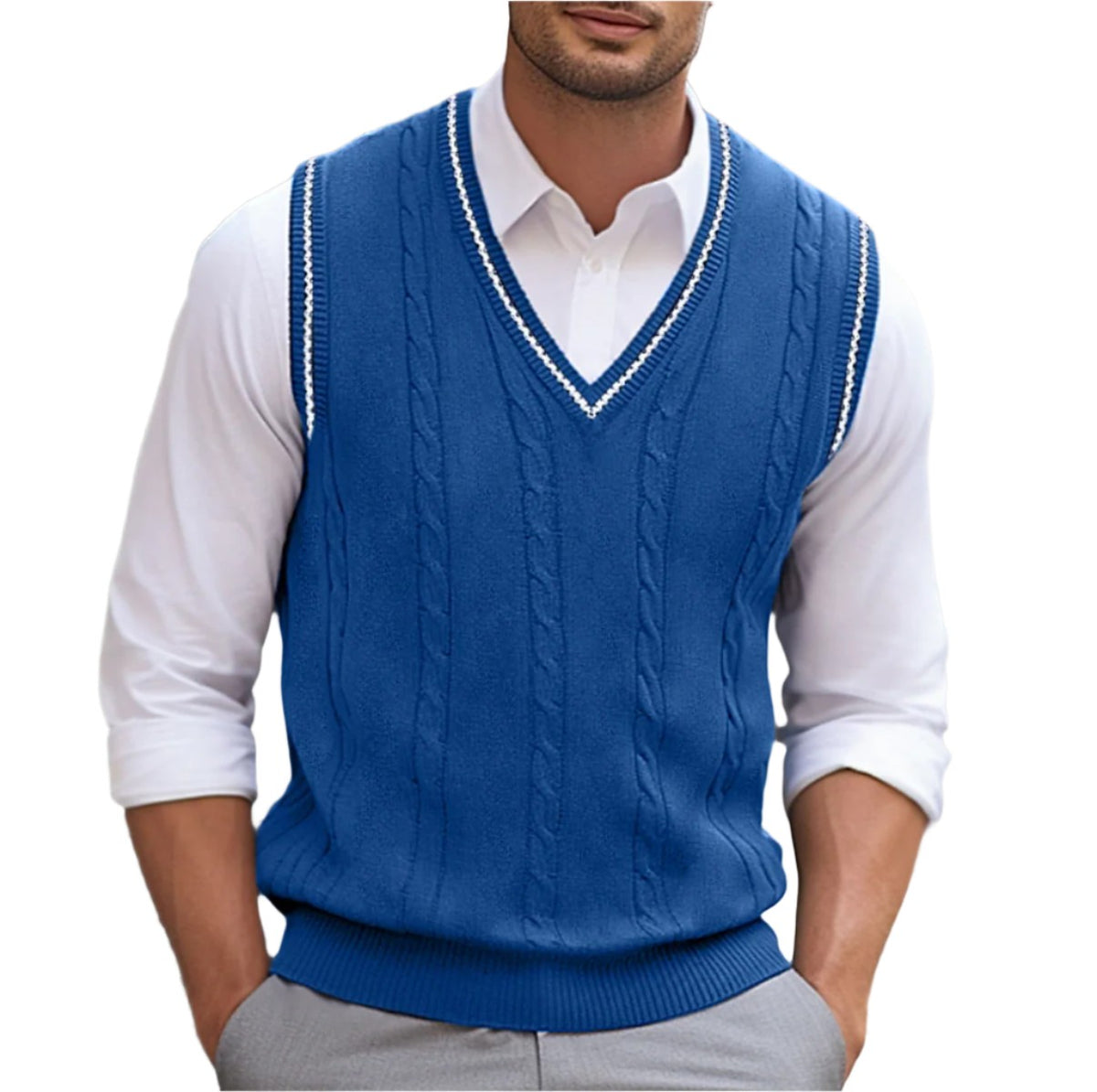 Pull sans manches bleu à col en V liseré, porté sur une chemise