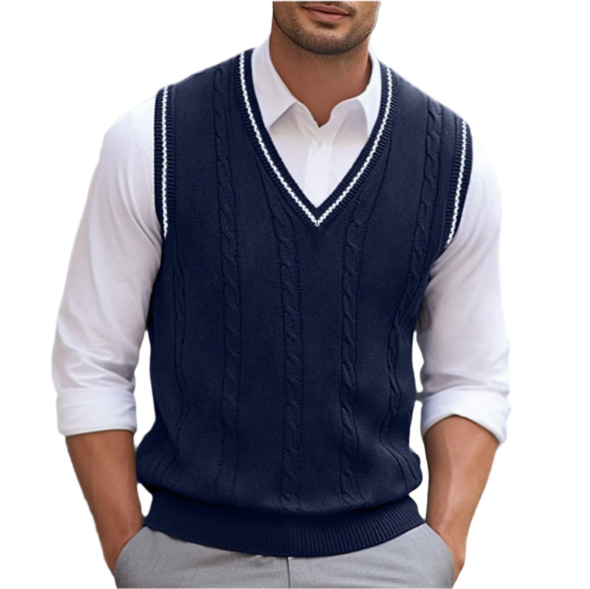 Pull sans manches bleu marine torsadé, col en V à liseré blanc