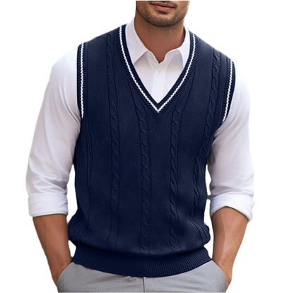 Pull sans manches bleu marine torsadé, col en V à liseré blanc
