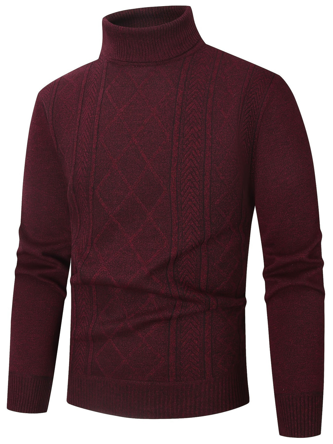 Pull à col roulé bordeaux, motifs de losanges et torsades verticales en relief