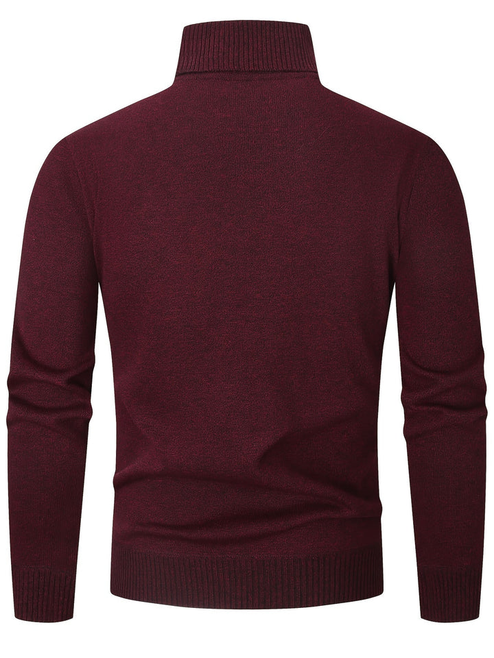 Dos du pull à col roulé bordeaux, maille lisse et poignets côtelés