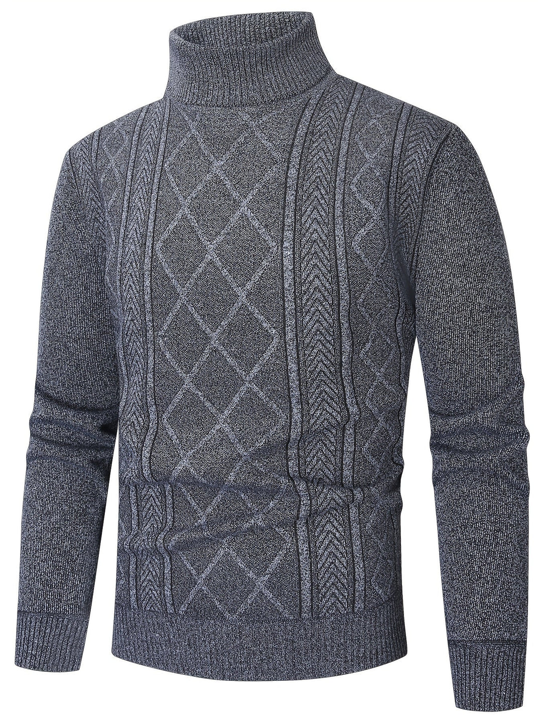 Pull à col roulé gris chiné, losanges et torsades en relief sur le devant