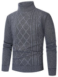 Pull à col roulé gris chiné, losanges et torsades en relief sur le devant