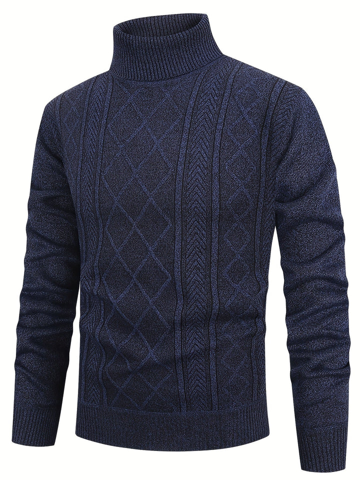 Pull à col roulé bleu marine chiné, losanges et torsades en relief sur le devant