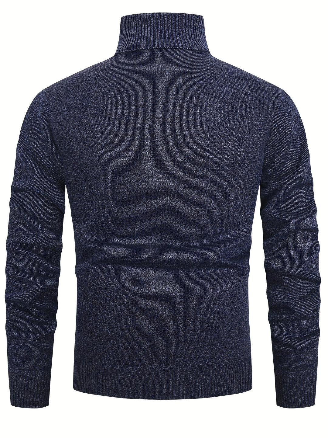 Dos du pull à col roulé bleu marine chiné, maille unie et poignets côtelés