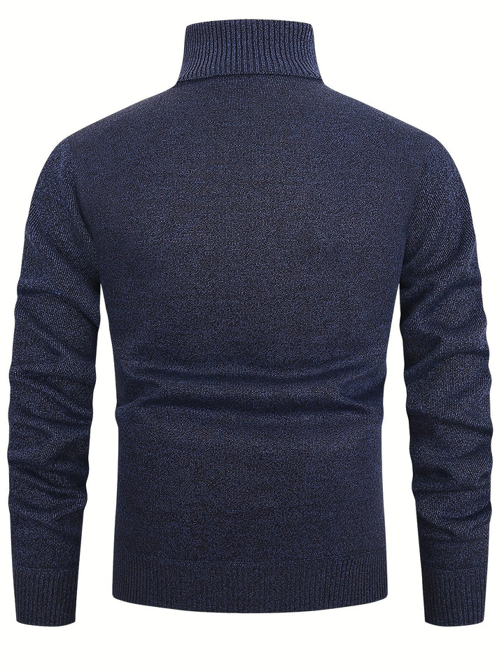 Dos du pull à col roulé bleu marine chiné, maille unie et poignets côtelés