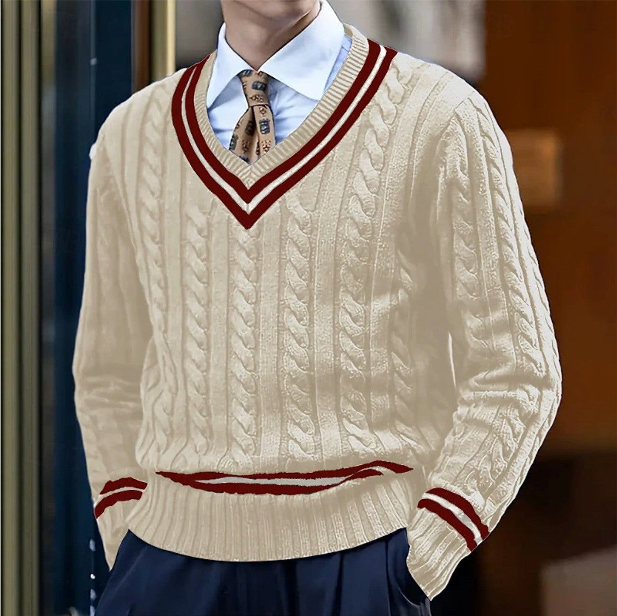 Pull torsadé col V, beige