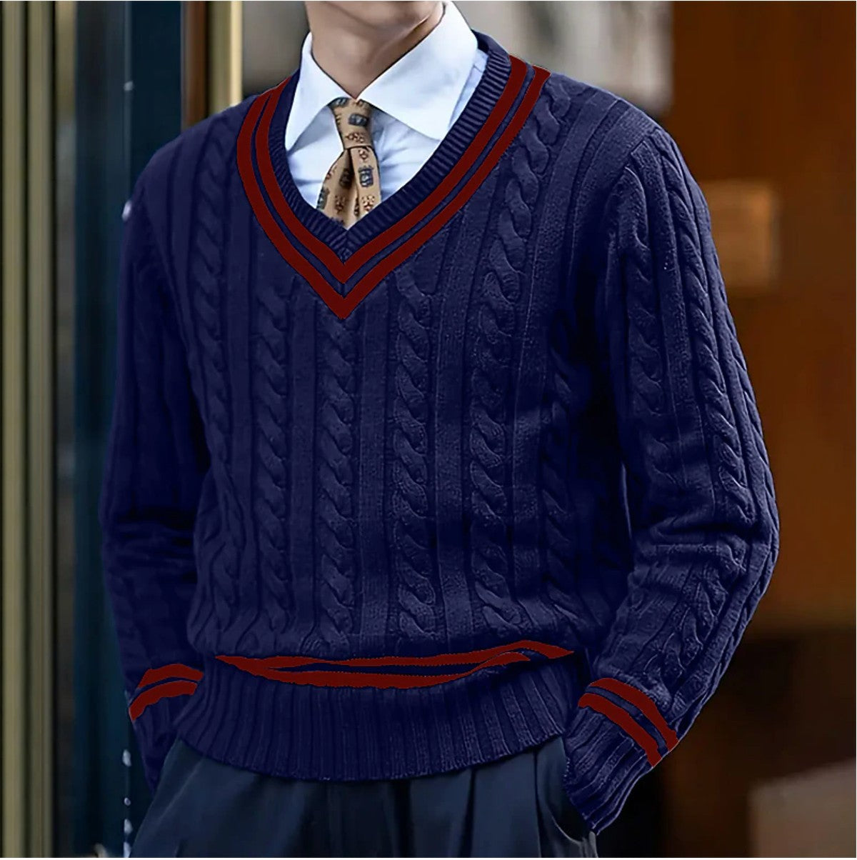 Pull torsadé col V, bleu foncé