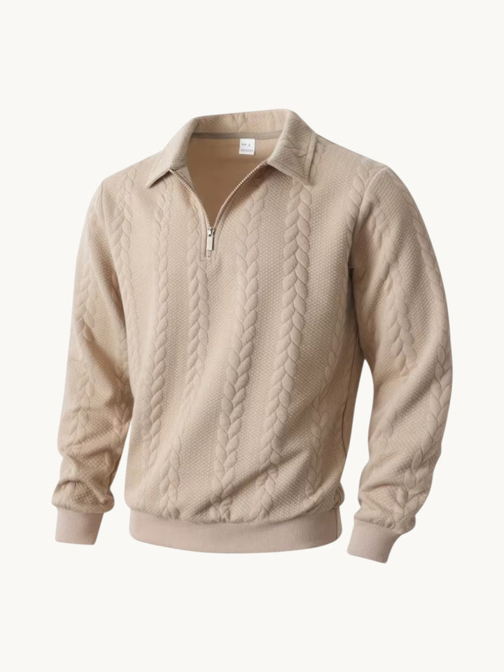 Pull torsadé beige col zippé, col chemise, manches longues