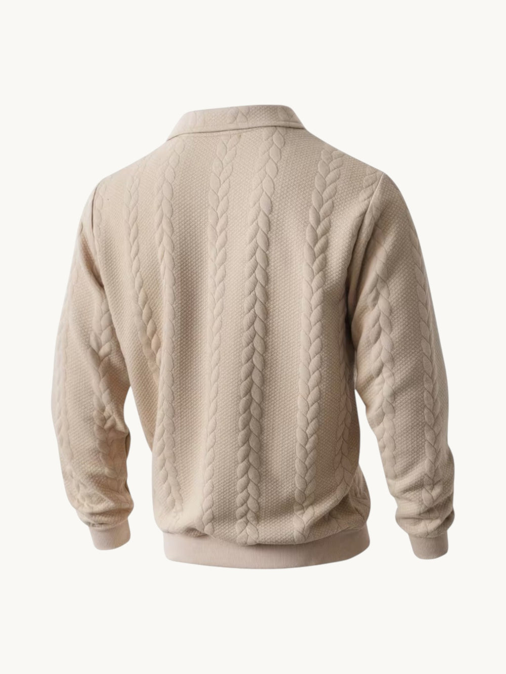 Pull torsadé col zippé beige vue de dos, tricot cable en coton avec col chemise