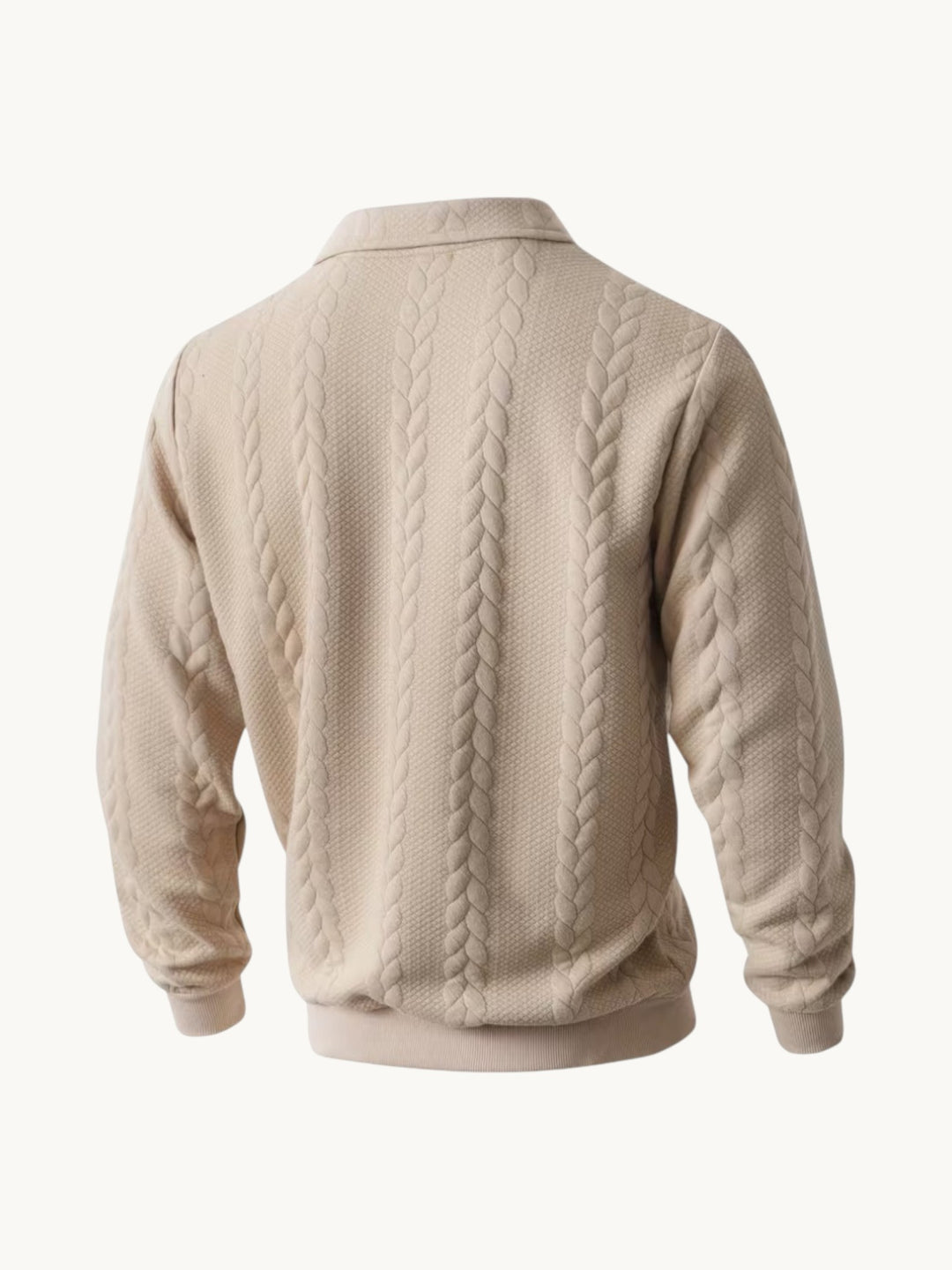 Pull torsadé col zippé beige vue de dos, tricot cable en coton avec col chemise