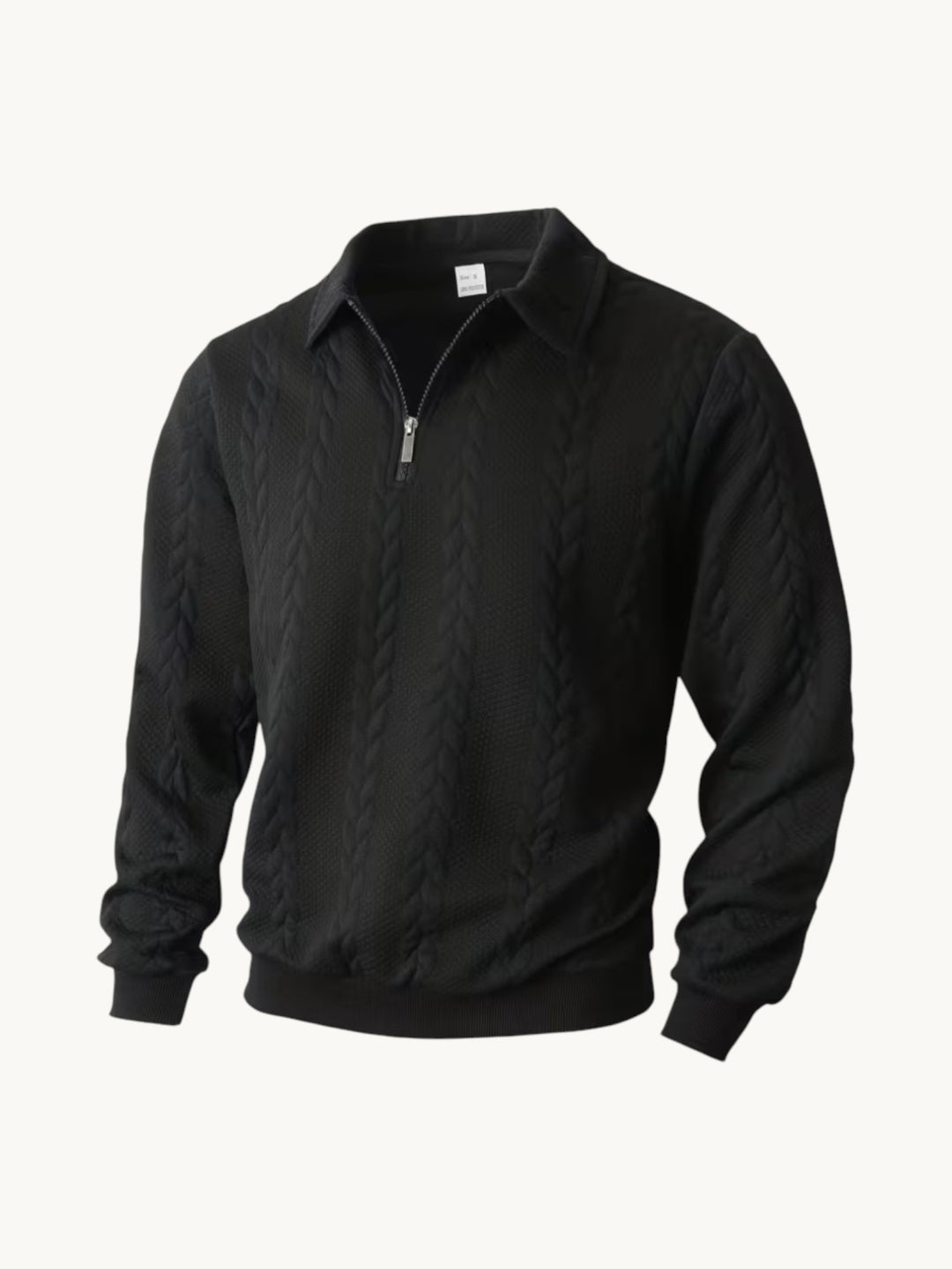 Pull torsadé noir col zippé, maille cable tricotée