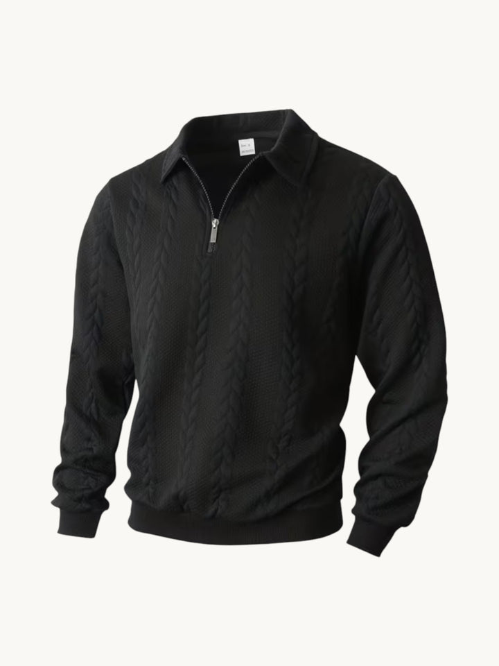 Pull torsadé noir col zippé, maille cable tricotée
