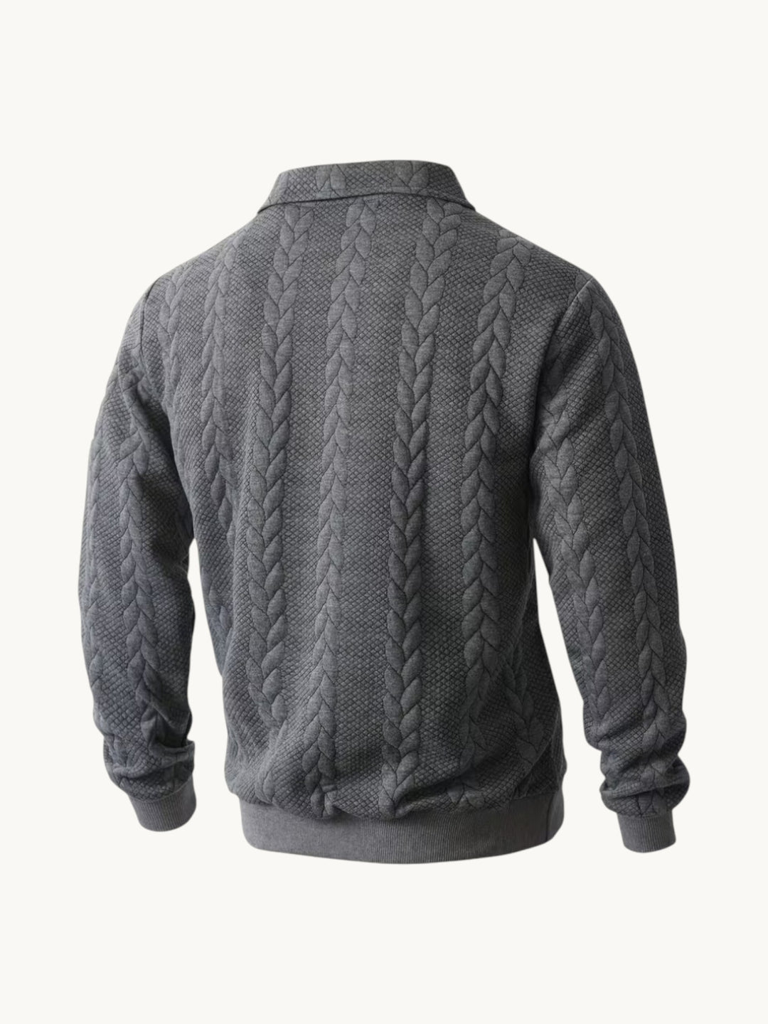 Pull col zippé gris chiné tricot torsadé, vue arrière
