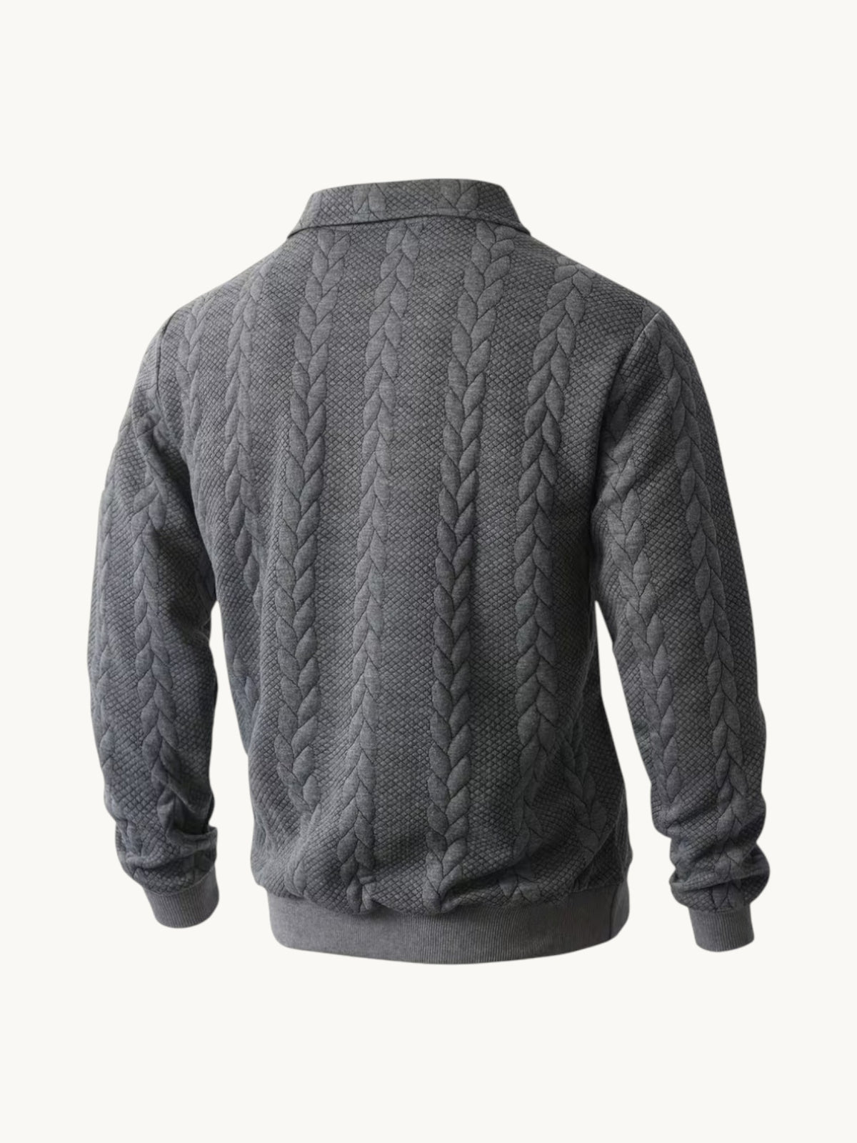 Pull col zippé gris chiné tricot torsadé, vue arrière
