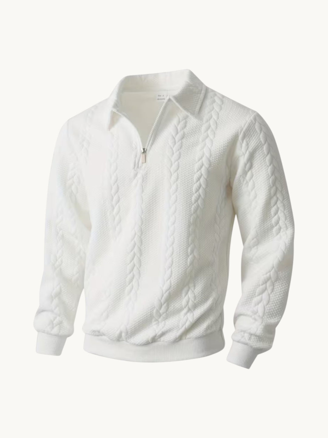 Pull blanc col zippé avec motif torsadé en relief