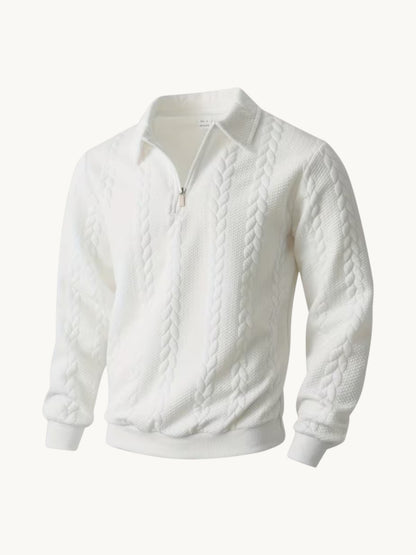 Pull blanc col zippé avec motif torsadé en relief