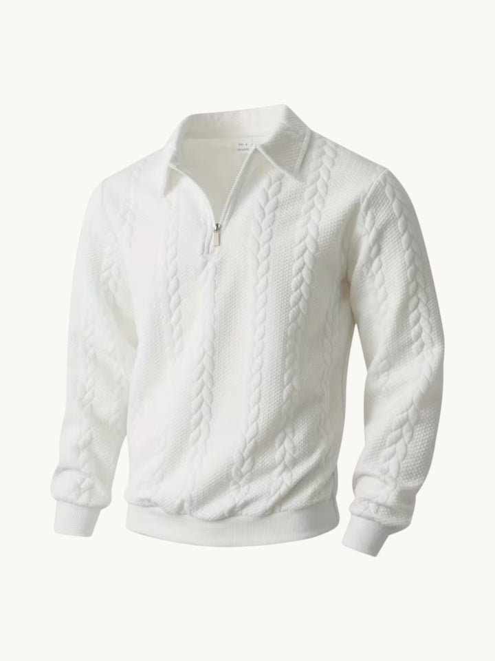 Pull blanc col zippé avec motif torsadé en relief