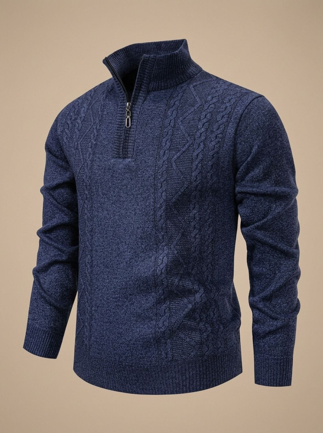 Pull torsadé demi-zip bleu-gris chiné, vue de trois quarts