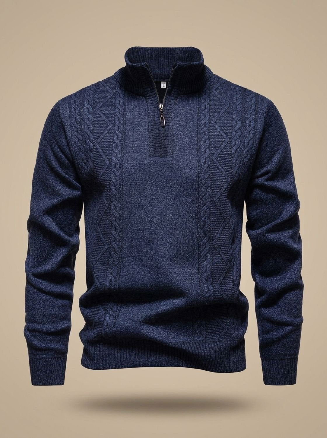 Pull torsadé demi-zip bleu-gris, vue de face à plat