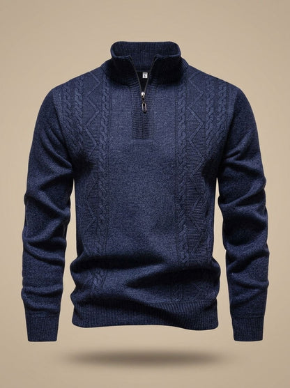 Pull torsadé demi-zip bleu-gris, vue de face à plat