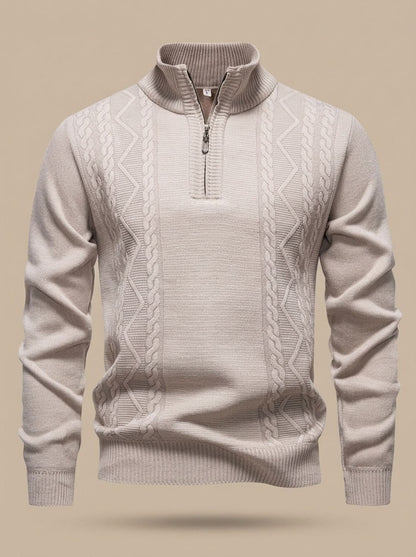 Pull torsadé demi-zip beige à col montant, vue de face