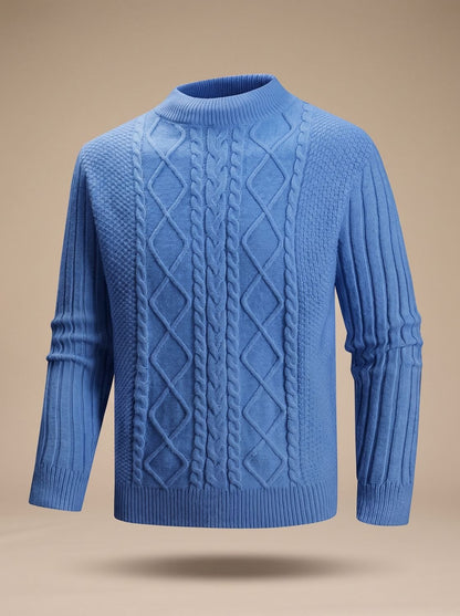 Pull torsadé en maille pour homme, bleu, panneau de torsades et losanges