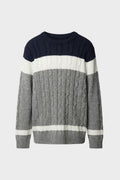 Pull torsadé à blocs de couleur, coloris gris, présenté à plat
