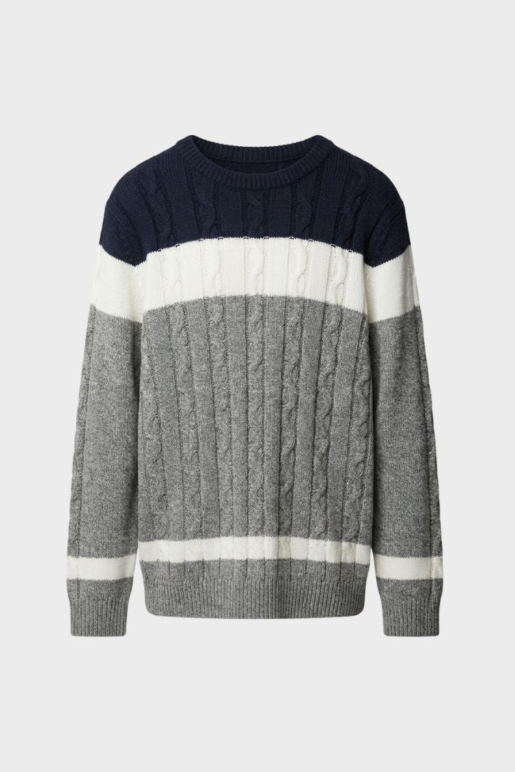 Pull torsadé à blocs de couleur, coloris gris, présenté à plat