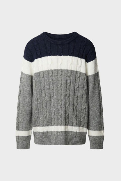 Pull torsadé à blocs de couleur, coloris gris, présenté à plat