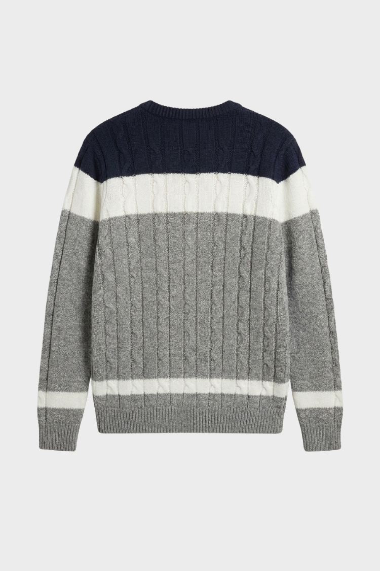 Pull torsadé à blocs de couleur, coloris gris, présenté à plat, vue 2
