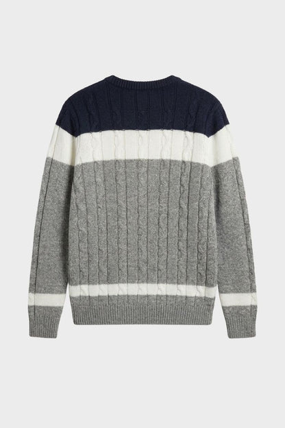 Pull torsadé à blocs de couleur, coloris gris, présenté à plat, vue 2