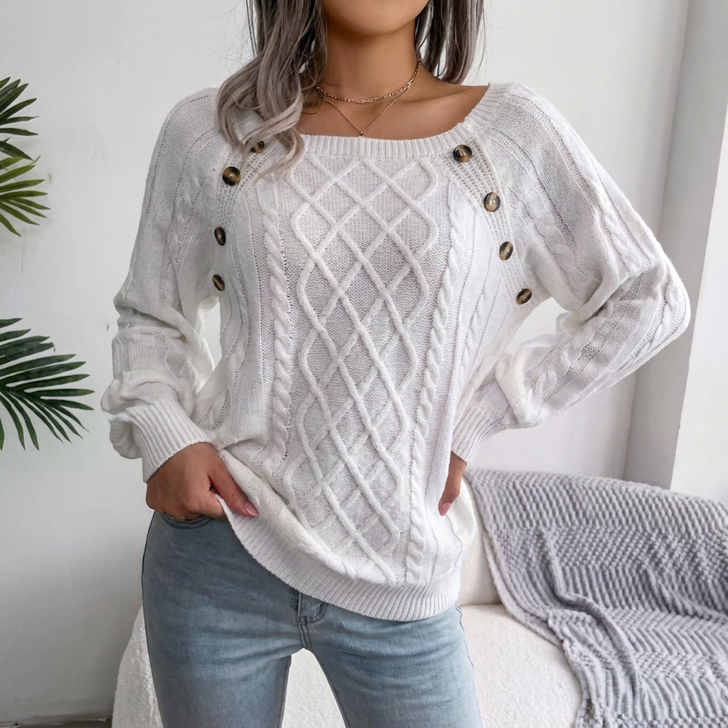 Pull torsadé à boutons, blanc