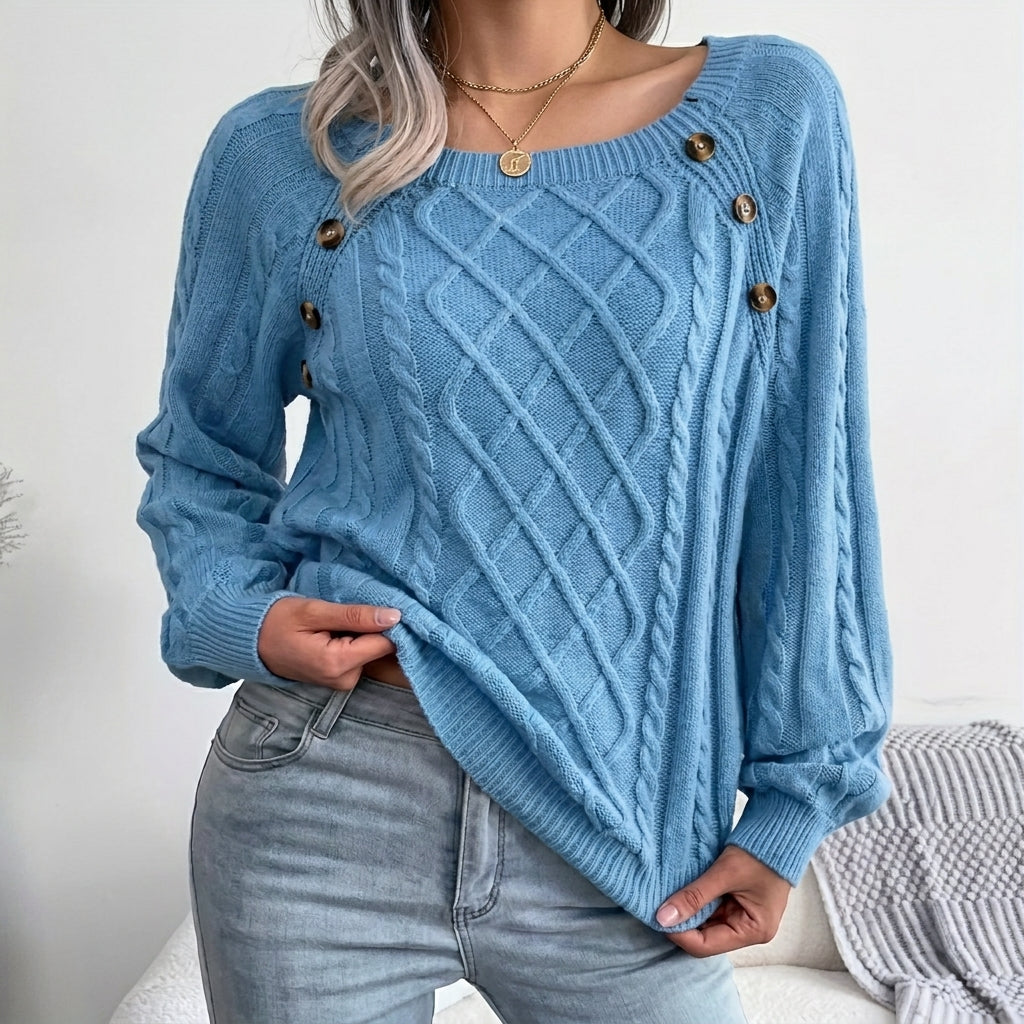 Pull torsadé à boutons, bleu
