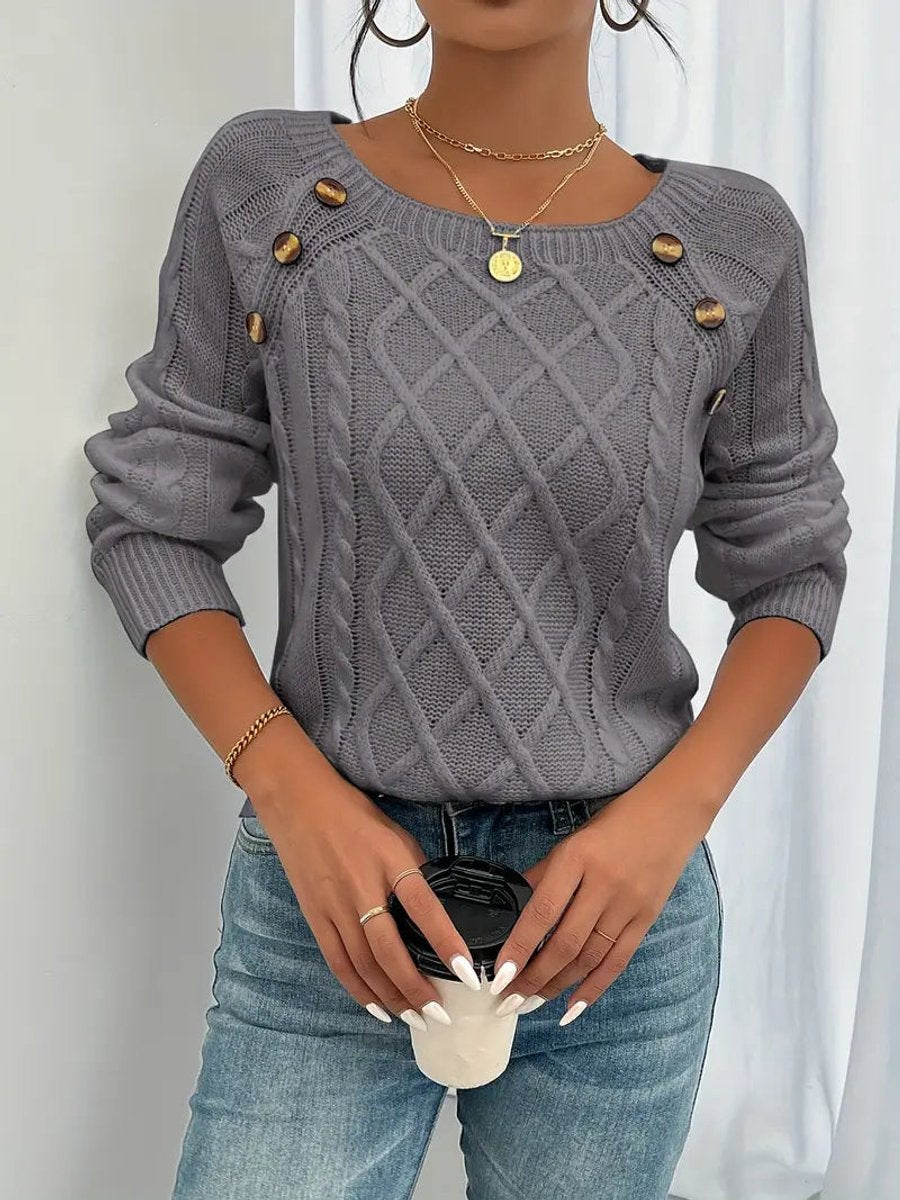 Pull torsadé à boutons, gris foncé