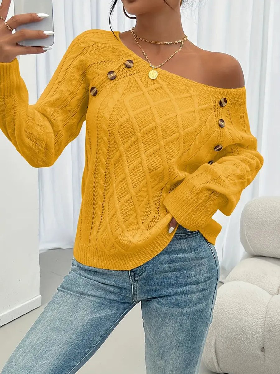 Pull torsadé à boutons, jaune, vue 2