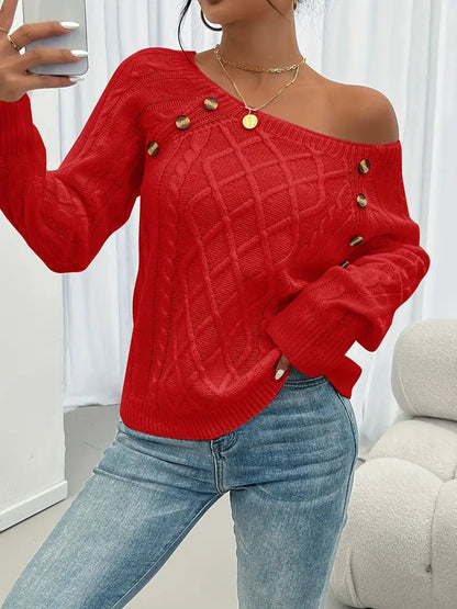 Pull torsadé à boutons, rouge, vue 2