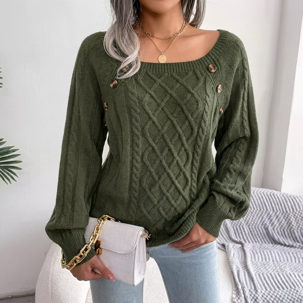 Pull torsadé à boutons, vert olive