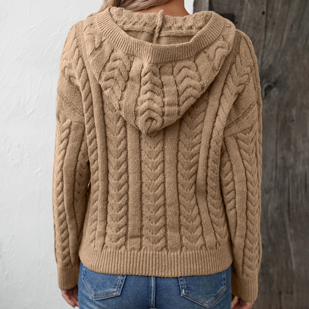 Pull torsadé à capuche, coloris camel, vue de dos