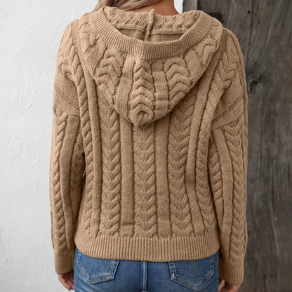 Pull torsadé à capuche, coloris camel, vue de dos