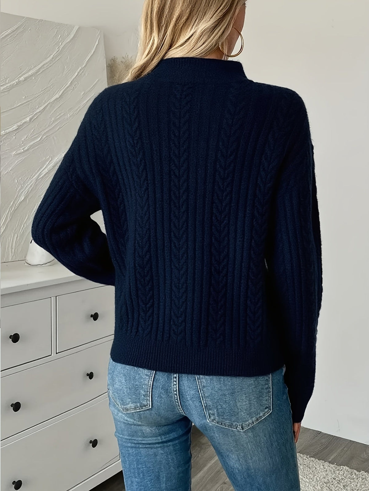 Pull torsadé demi-zip, coloris bleu marine, vue de dos