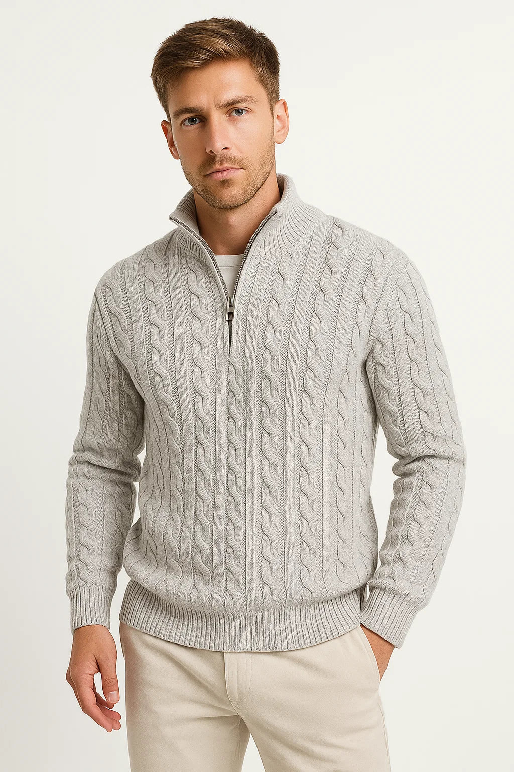 Pull torsadé gris clair à col montant zippé, vue de face