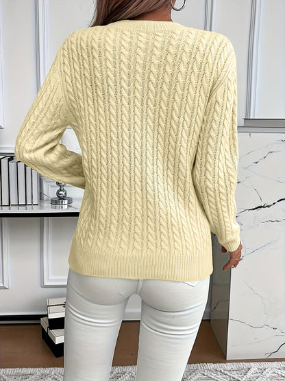 Pull torsadé encolure ronde, coloris jaune, vue de dos