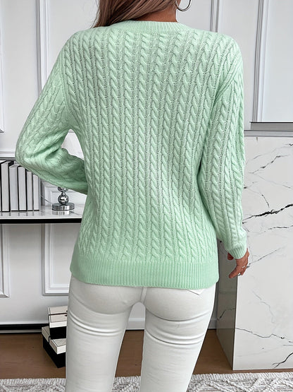 Pull torsadé encolure ronde, coloris vert clair, vue de dos