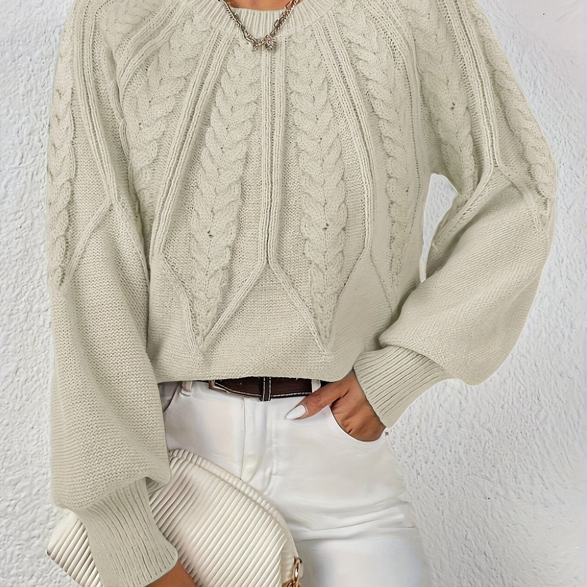 Pull torsadé col rond pour femme, coloris beige