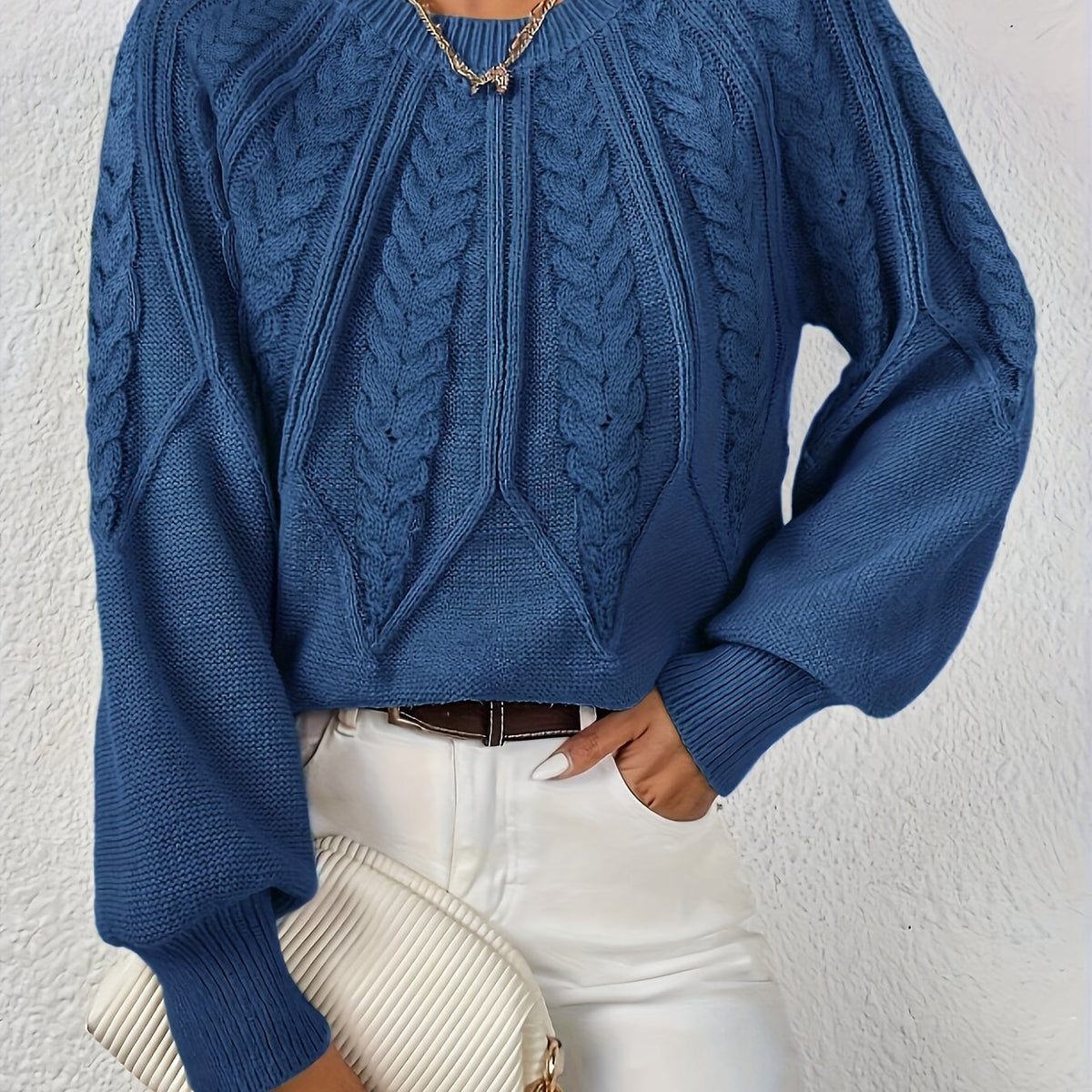 Pull torsadé col rond pour femme, coloris bleu marine