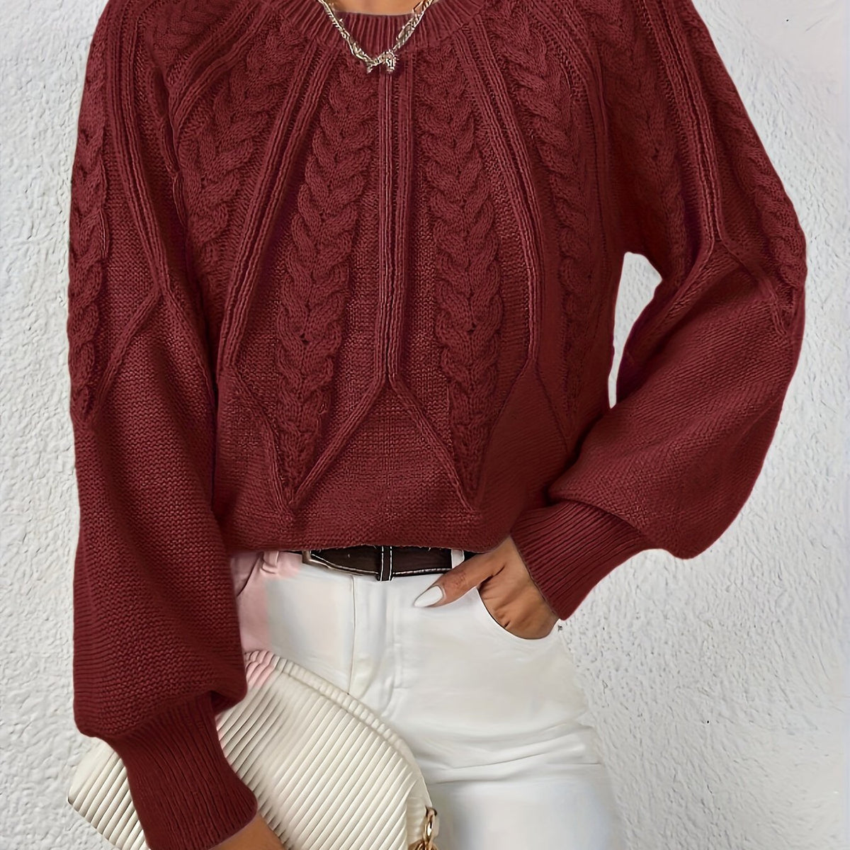 Pull torsadé col rond pour femme, coloris bordeaux