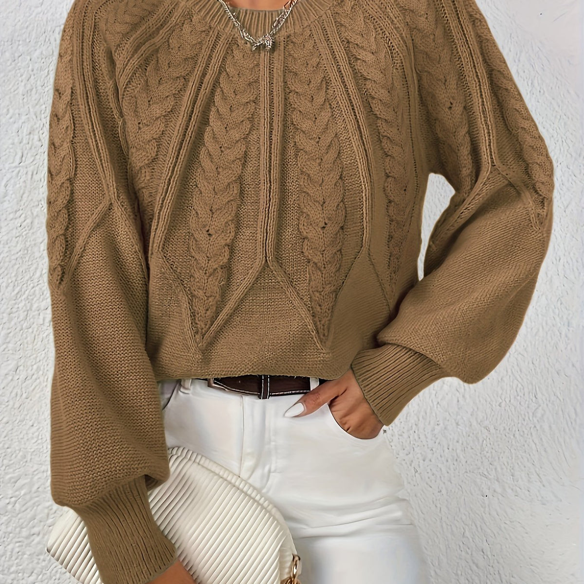 Pull torsadé col rond pour femme, coloris camel